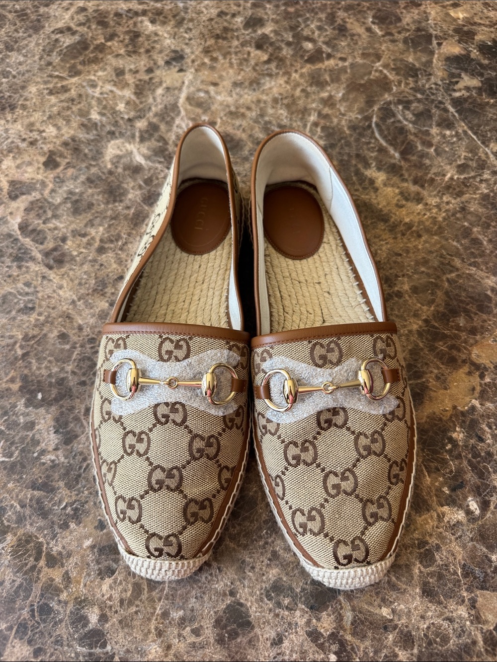 Gucci logo espadrille brown logo flats horsebit mocassin espadrilles sz 41.5